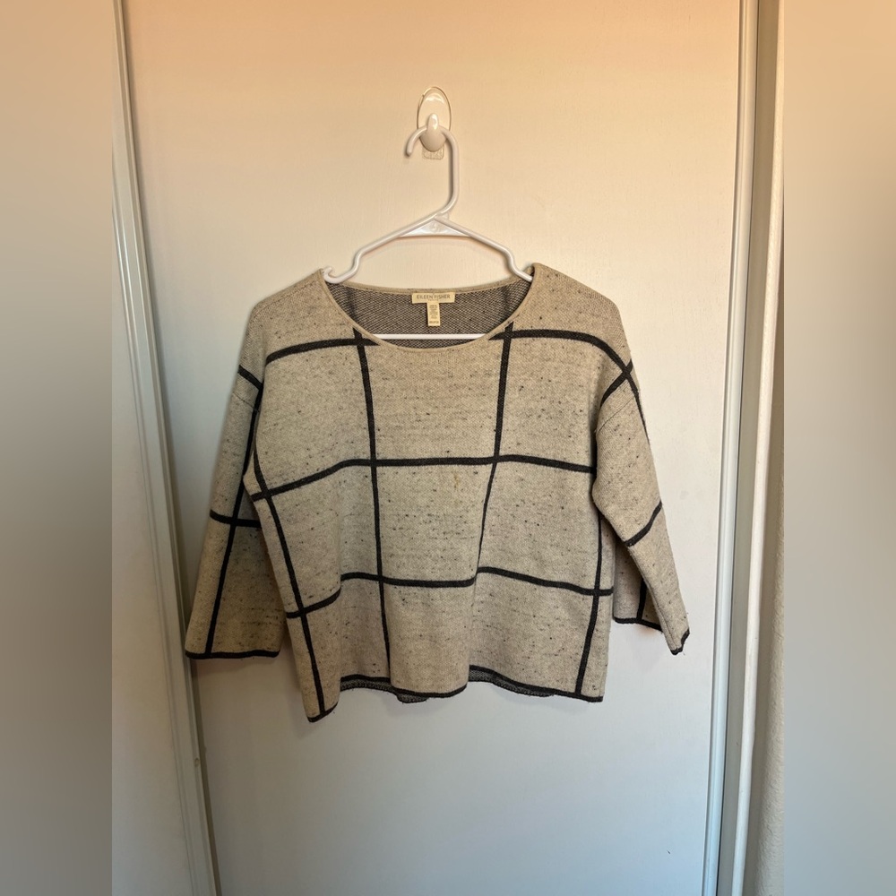 Eileen‎ Fisher Gray Windowpane Wool Cotton Sweater Women's Sz PP Preppy Classic